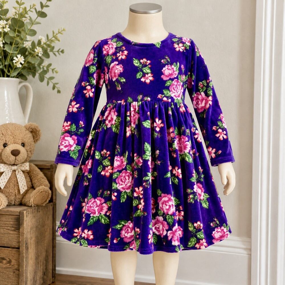 The Children’s Place 4T Girls Purple Floral Velour Dress – Long Sleeve